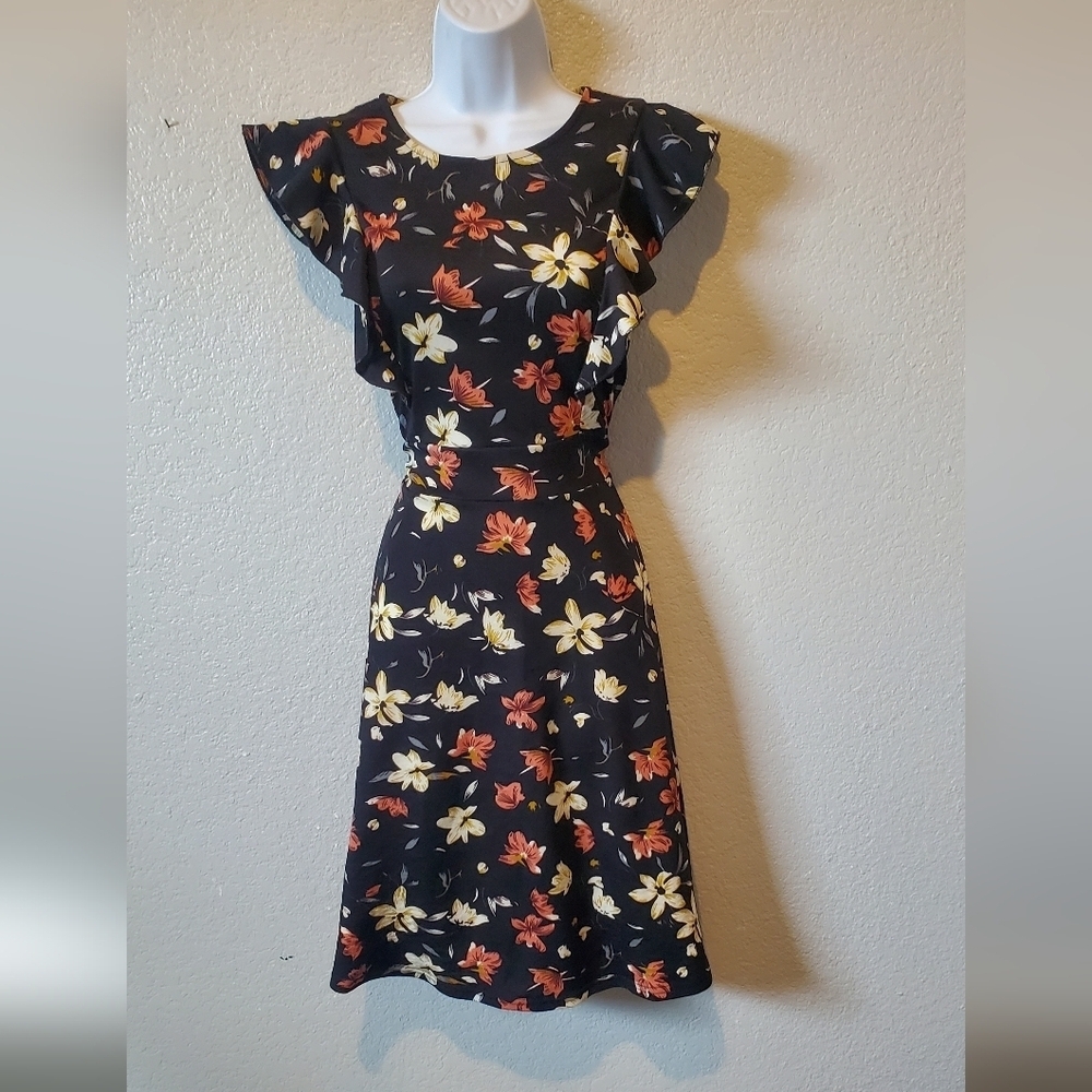 YATHON Black Floral Ruffled Feminine Midi Dress Size Medium